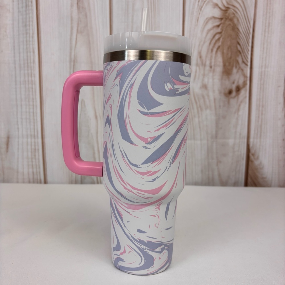 Adventuridge Travel Mug with Handle Twist Lid Straw Pink White Swirl Size 40 Oz - Picture 2 of 9